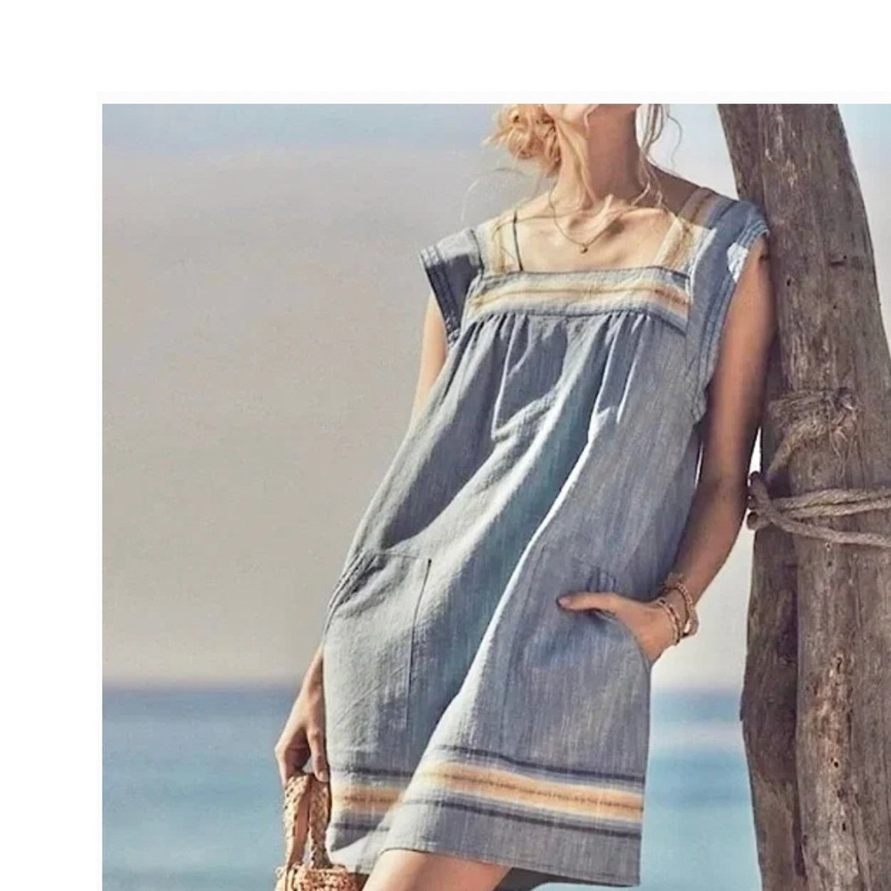 Faherty Hailee Chambray Cotton Huipile Dress Blue Striped Sleeveless XS‎